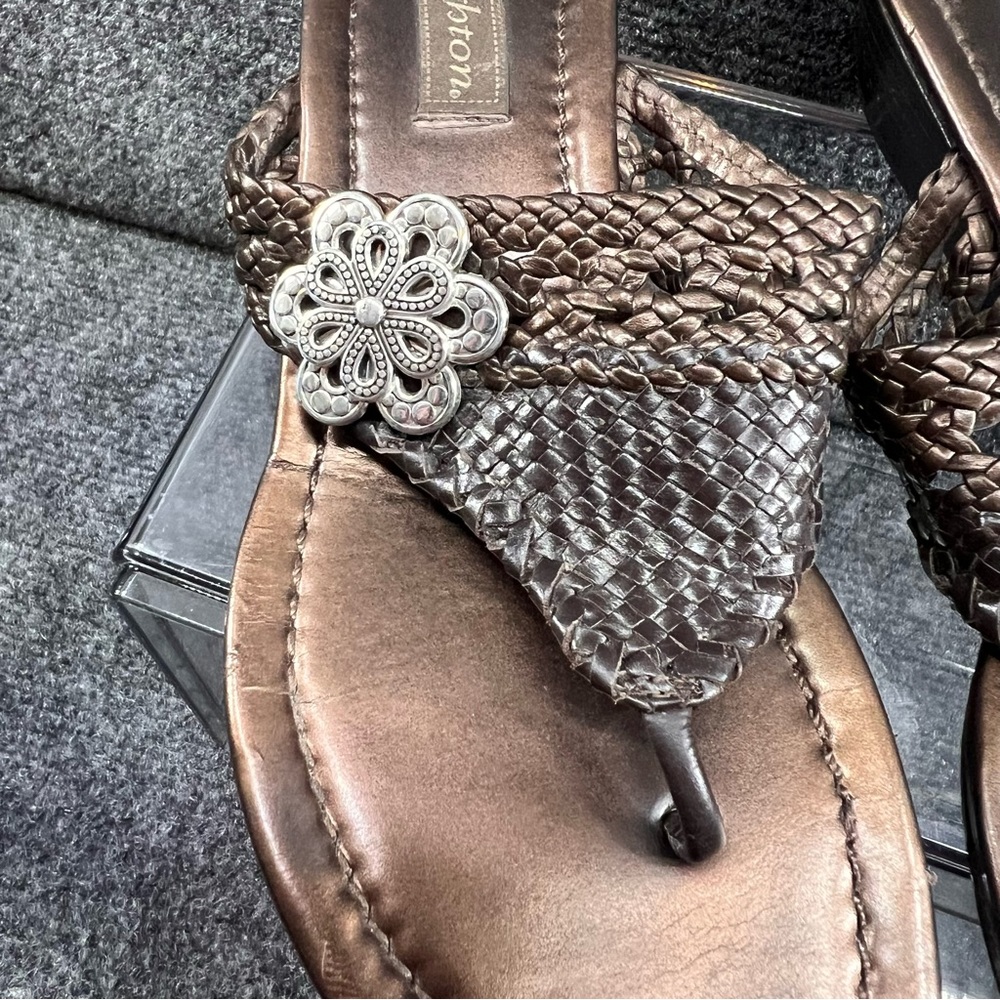 Brighton Lanai Brown Bronze Braided Leather Thong Sandals Size 8.5M Slip-On Boho - Picture 3 of 8